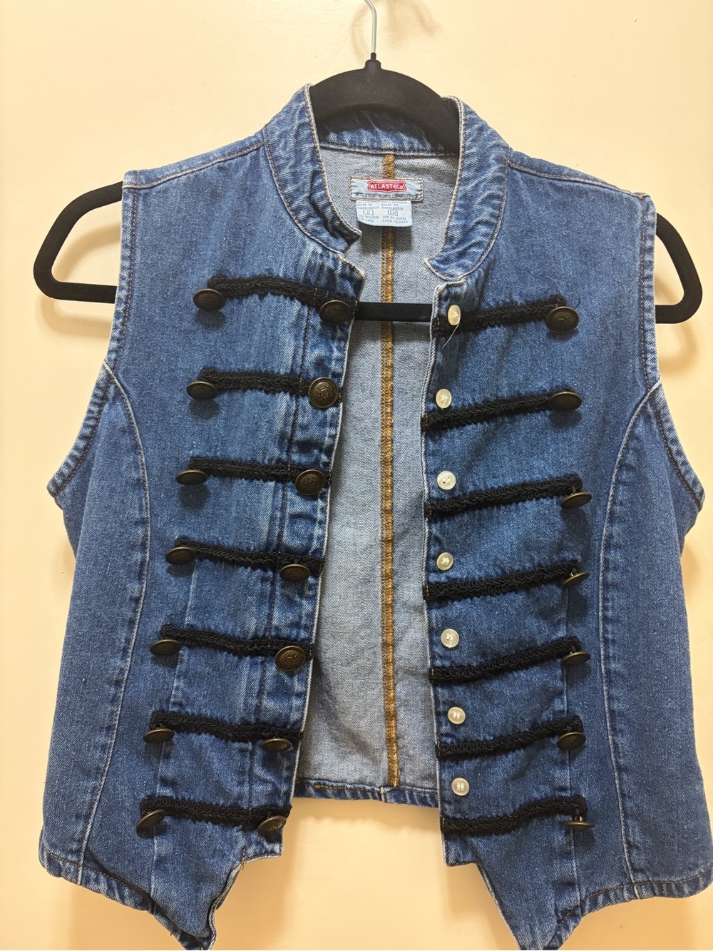 Vintage Military-Inspired Blue Denim Vest with Black Trim
